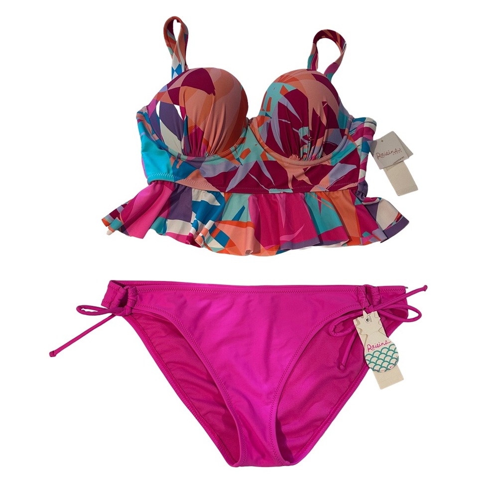 NWT Raisins Multi Color Bikini Top with Ruffle 14 & Pink String Bikini Bottom XL